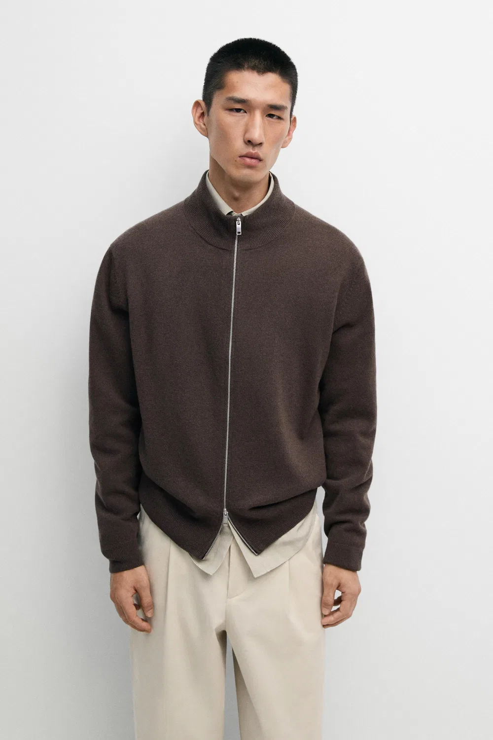 Кардиган Massimo Dutti Wool Blend Zip-detail, коричневый