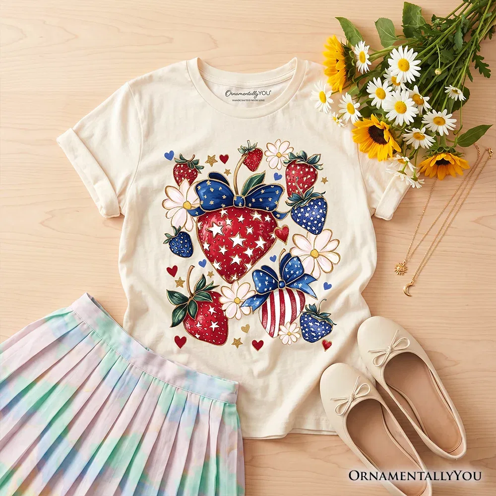 Детская футболка с принтом Patriotic Boho Strawberries Bouquet OrnamentallyYou, Natural
