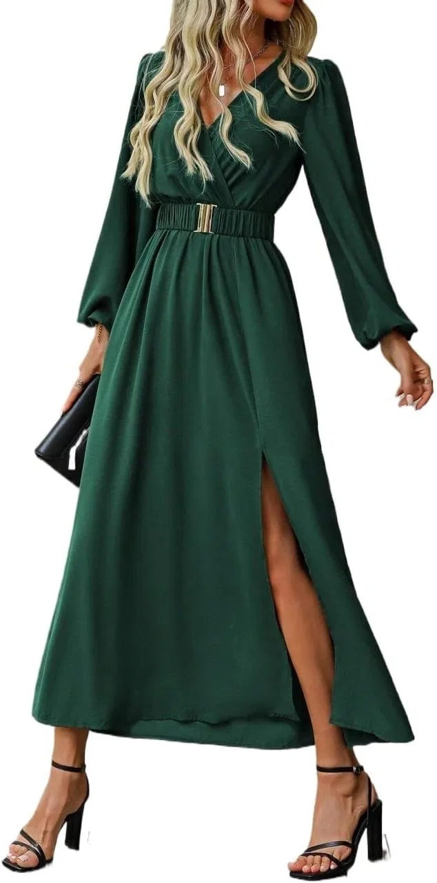 Женское платье макси V-образным вырезом с разрезом A-Line, Dark Green
