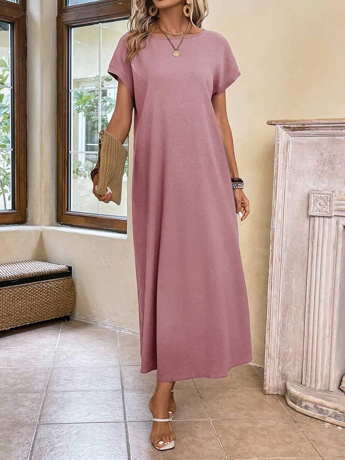 Женское свободное платье с летучей мышью Batwing Sleeve, Dusty Pink — фото 4
