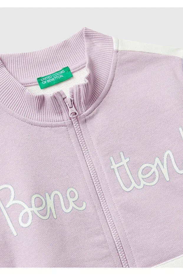Детские свитшот для девочек с принтом Girls Lilac-Ecru Glitter Logo Printed Zippered Ribbed Regular Fit United Colors Of Benetton, Lilac-Ecru — фото 3
