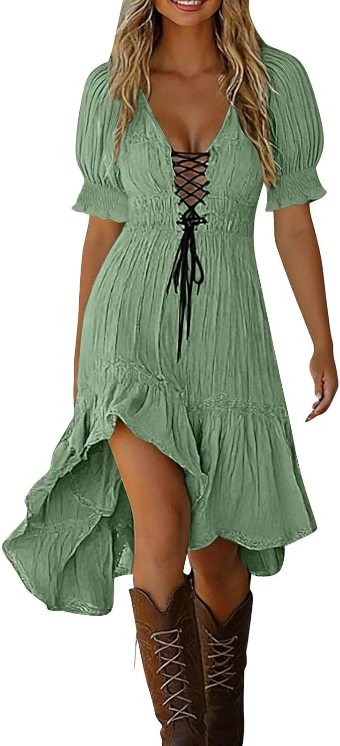 Женское летнее пляжное платье миди с кружевной шнуровкой Irregular Hem, Green