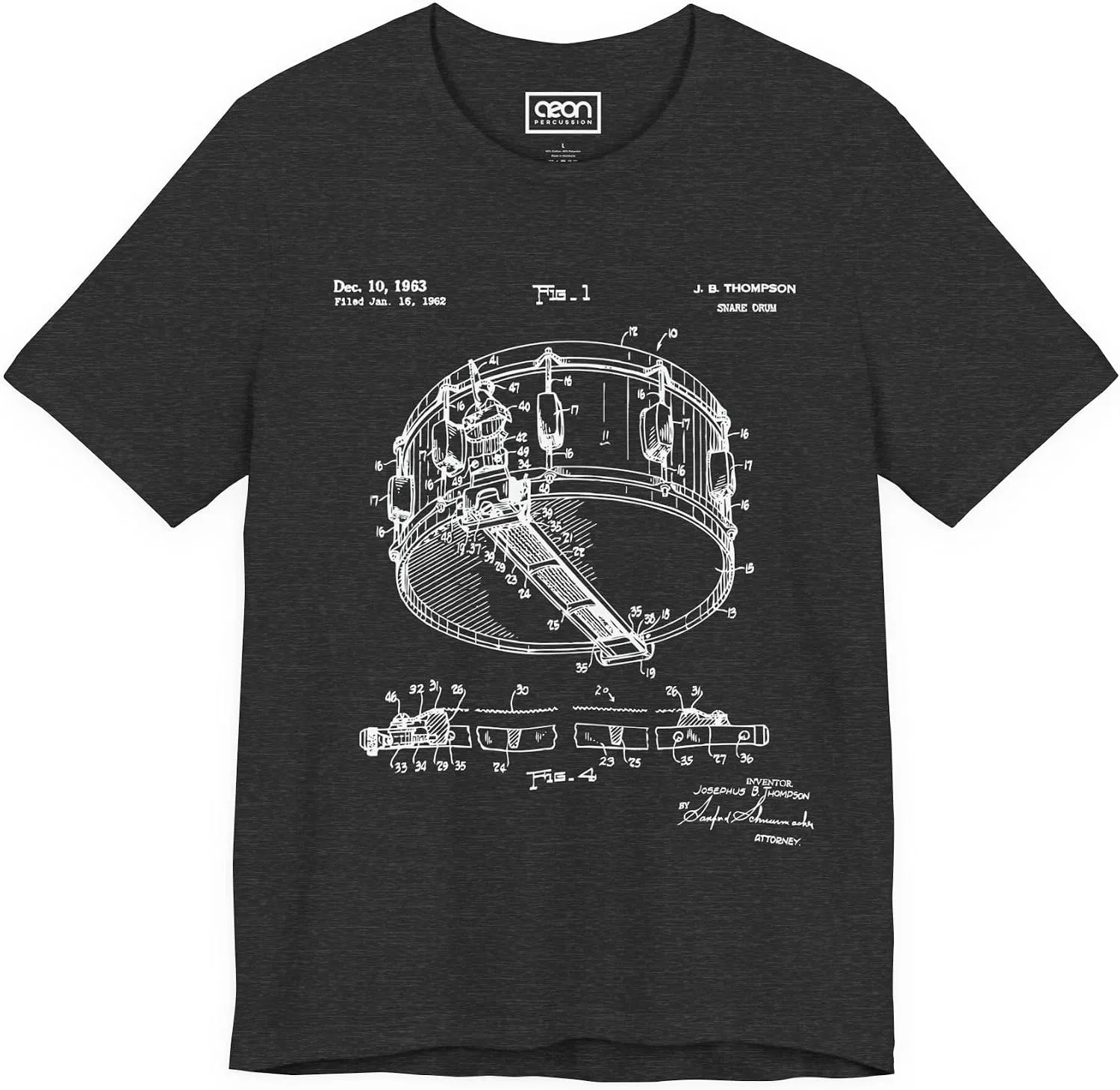 Футболка с принтом патента малого барабана, Unisex, Dark Grey Heather