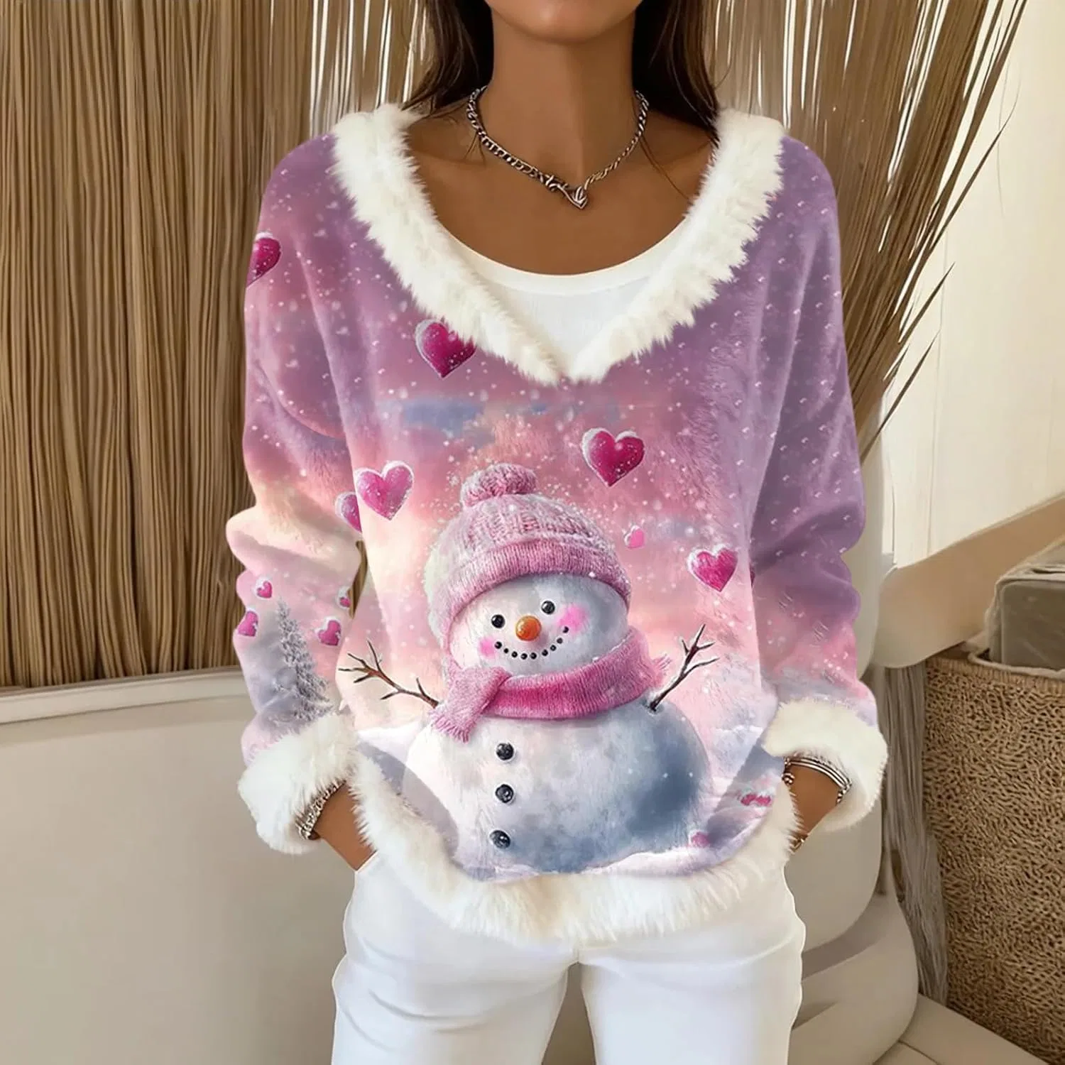Женский свитшот с V-образным вырезом и меховой отделкой, Christmas, розовый — фото 2