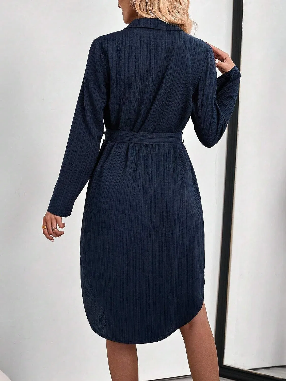 Женское повседневное платье-рубашка с поясом, Navy Blue — фото 3
