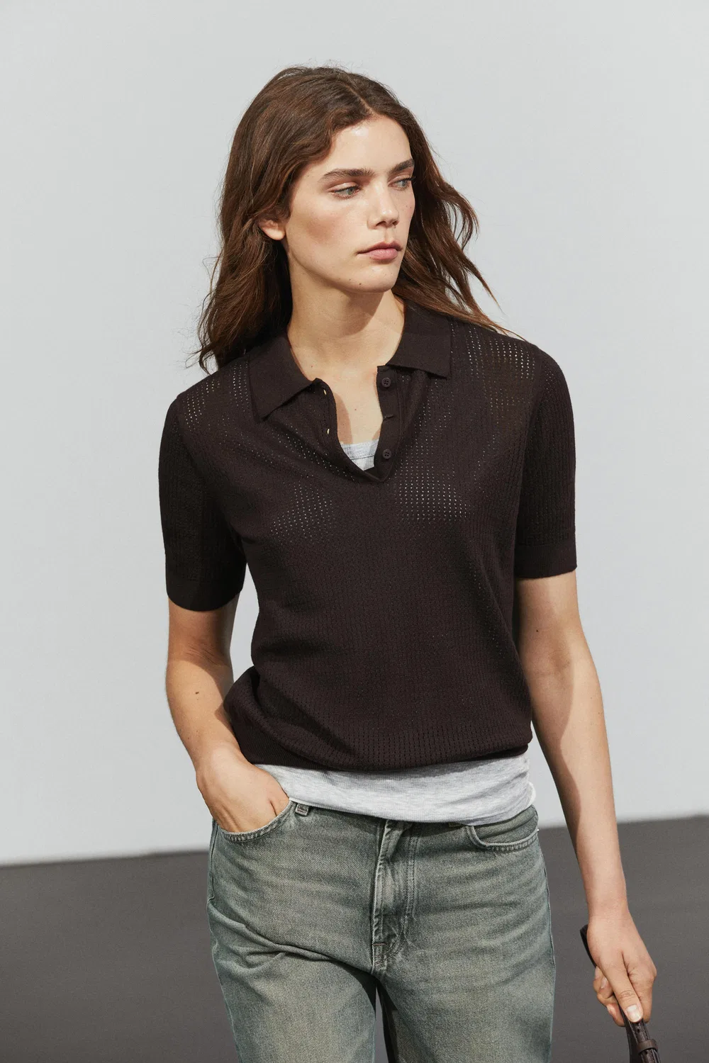Поло Massimo Dutti Cotton Blend Open-knit Shirt, коричневый