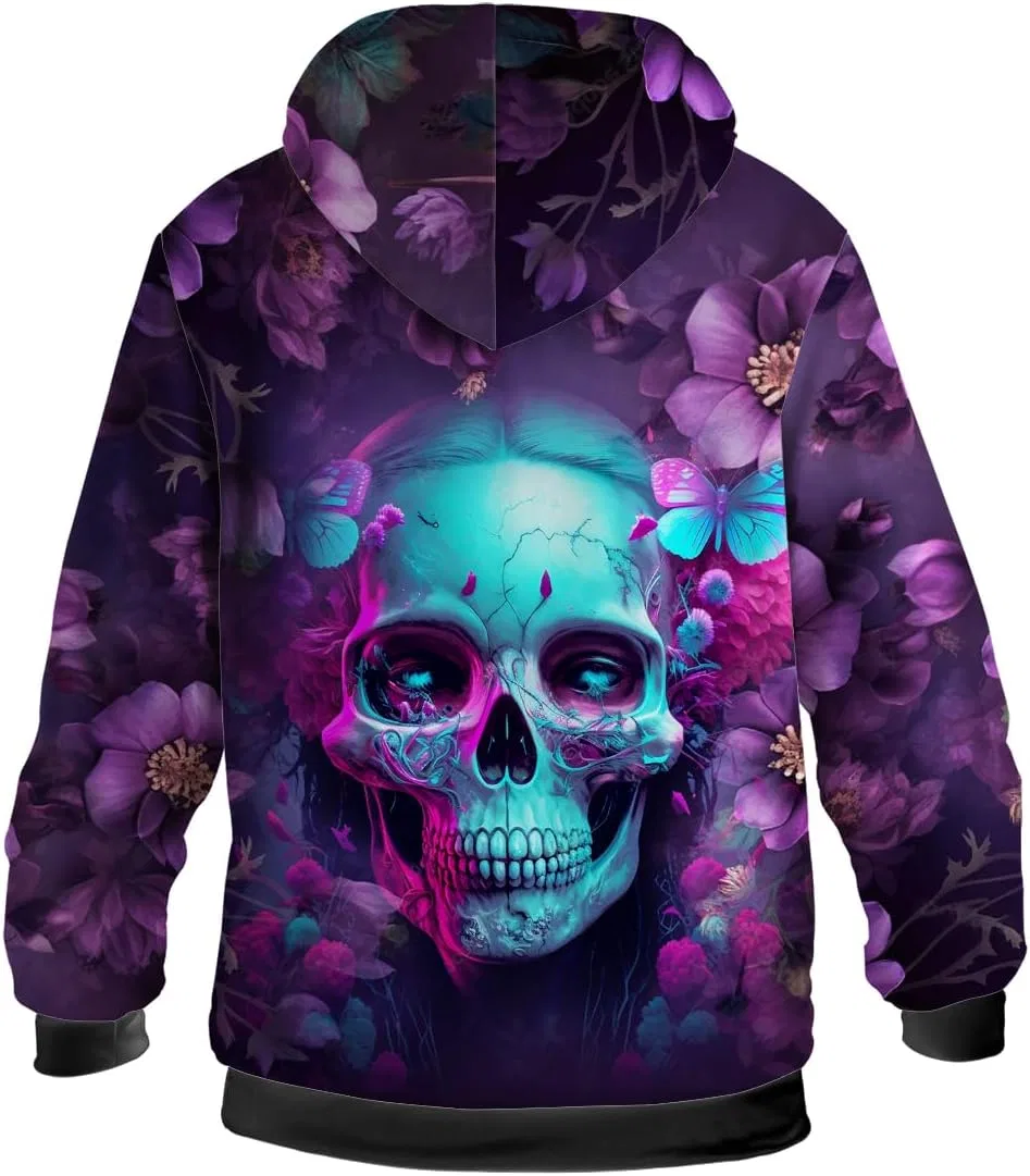 Женское зимнее пальто с принтом Flower Skull, на молнии, с капюшоном, фиолетовый — фото 4
