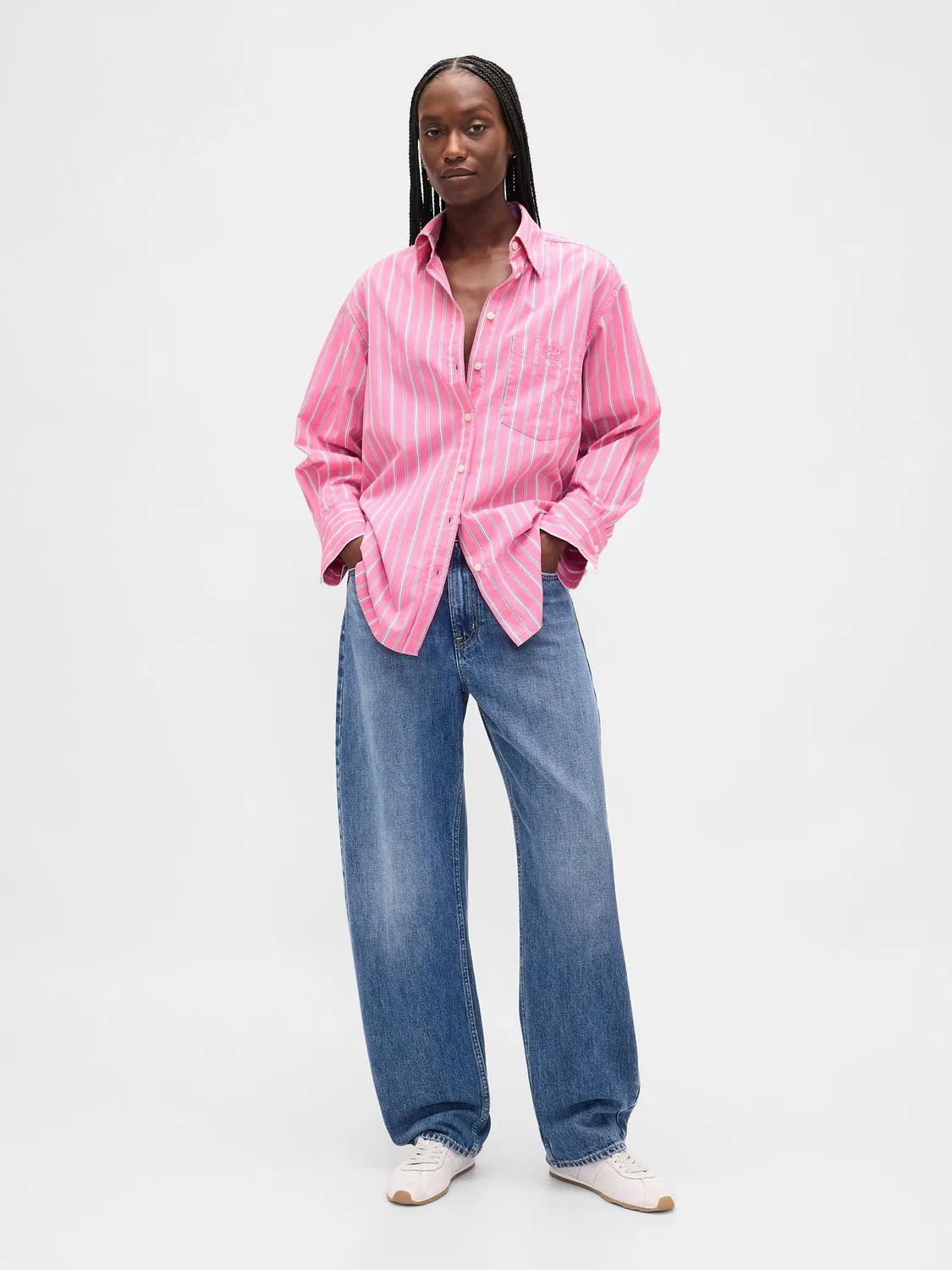 Рубашка оверсайз, полоска, Poplin Oversized Shirt Gap, розовый в полоску — фото 3