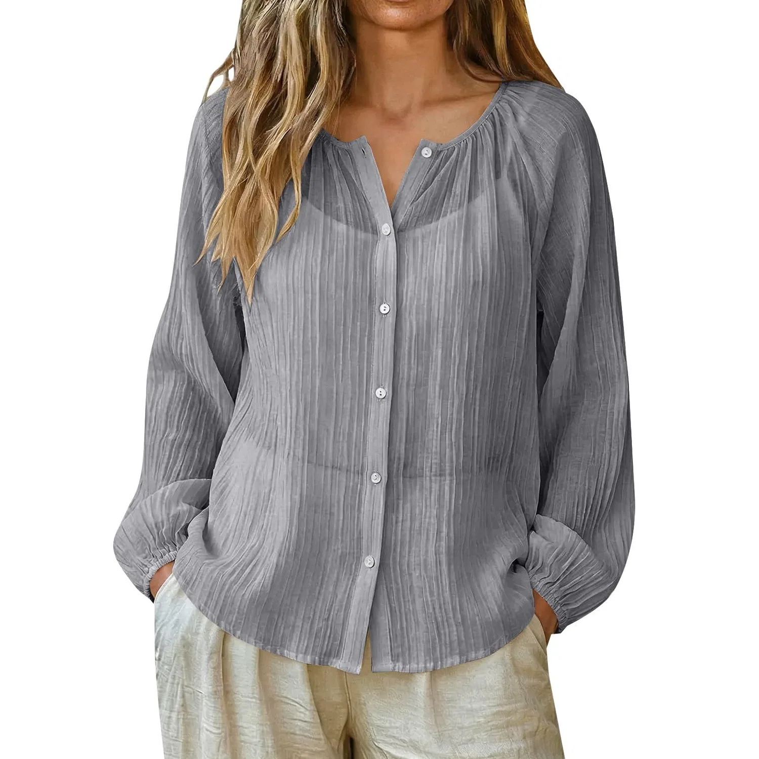 Женская блузка из хлопка и льна с длинным рукавом, Bright Grey (Ral 7035)