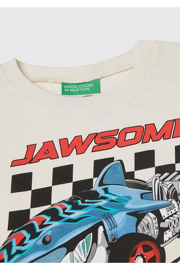 Детская футболка для мальчиков с принтом Hot Wheels United Colors Of Benetton, Ecru — фото 3
