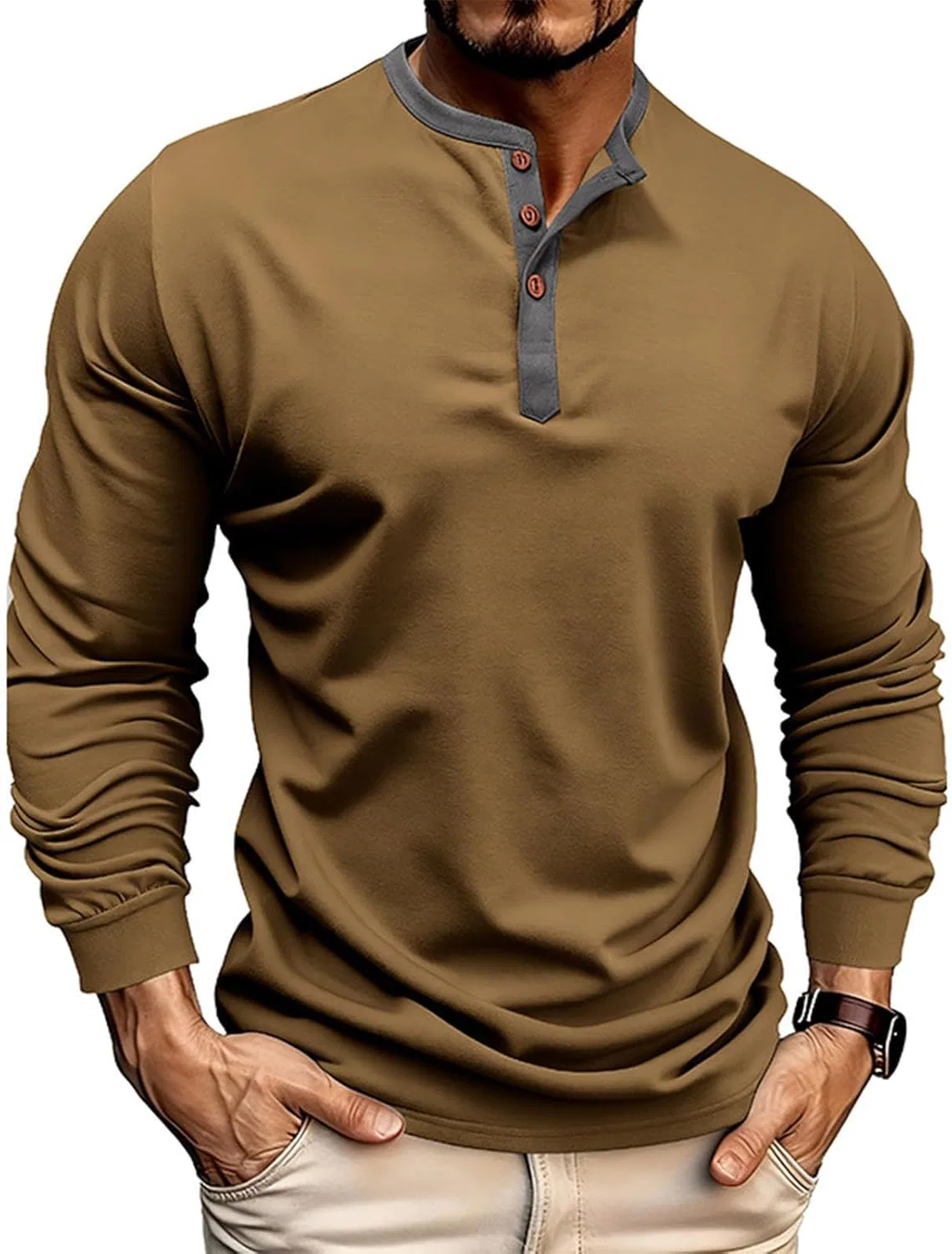 Мужская хлопковая рубашка-поло Henley с длинным рукавом, Khaki