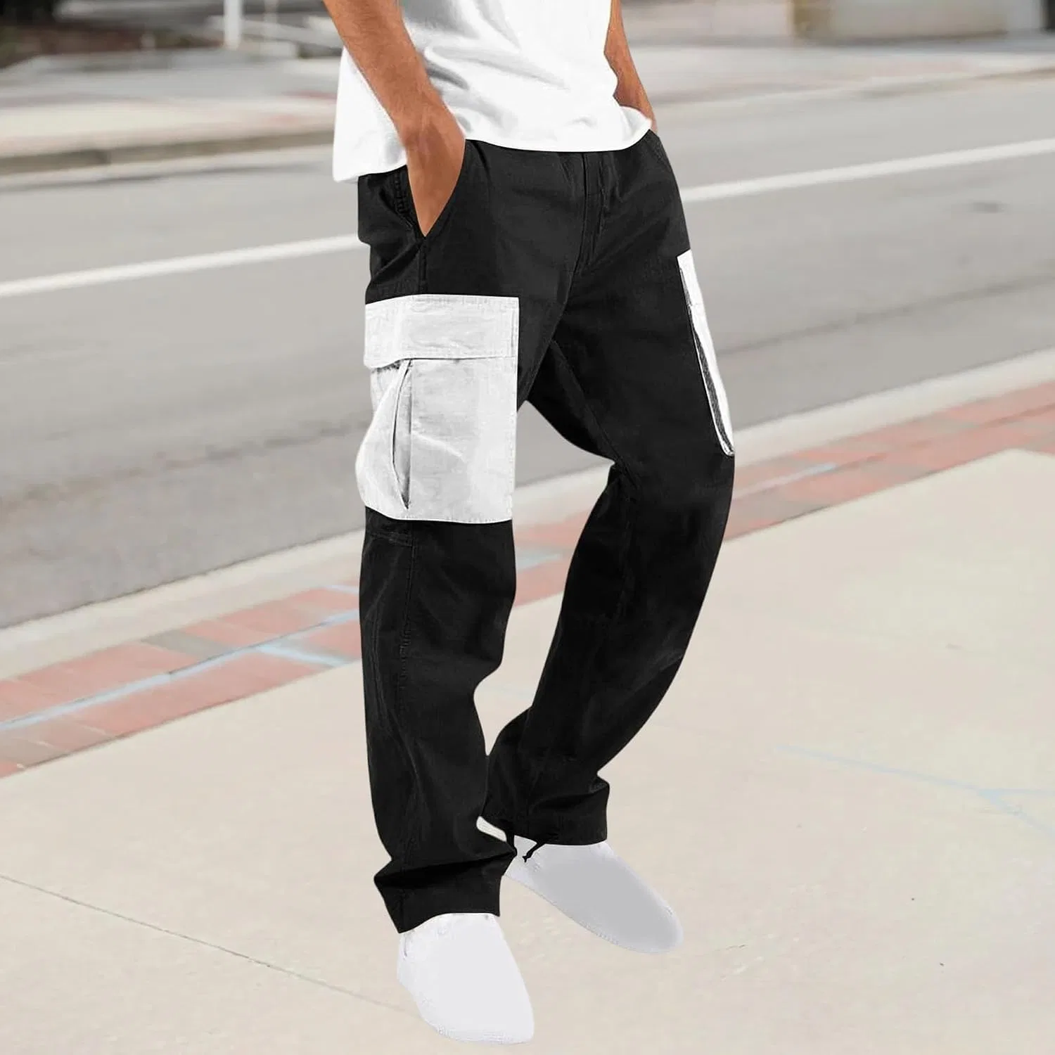 Мужские карго-брюки прямого кроя с патчворк-дизайном, чёрный/белый — фото 2