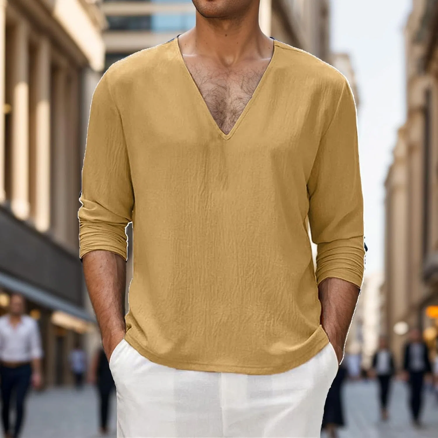 Мужская футболка с V-образным вырезом из хлопка и льна, Slim Fit, Yellow — фото 2