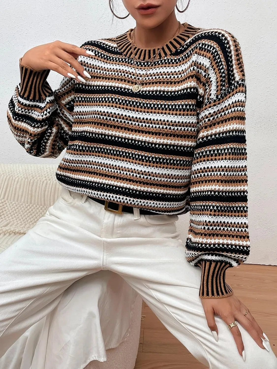Женский свитер с длинным рукавом, Drop Shoulder Lantern Sleeve Striped, мультиколор — фото 3