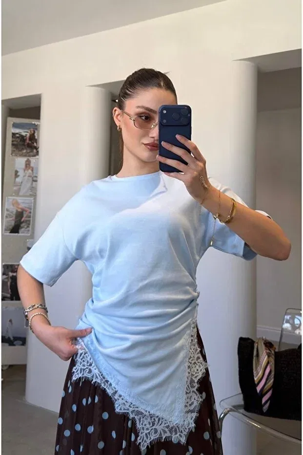 Женская футболка асимметричная с кружевом Mzr Collection, Blue