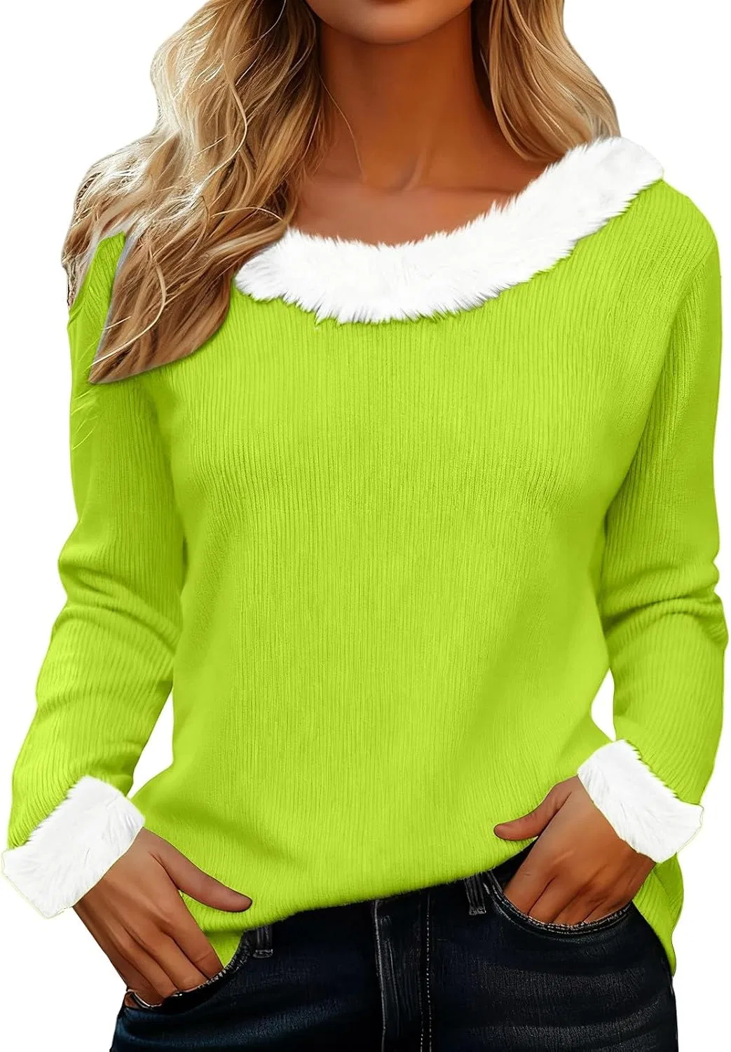 Женский свитшот с V-образным вырезом и меховой отделкой, с принтом, мятный