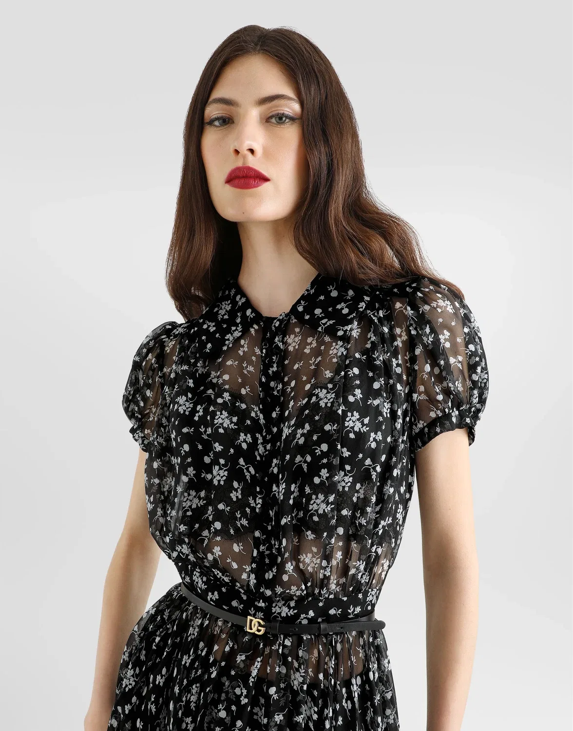 Шифоновое платье с цветочным принтом Dolce & Gabbana, черный — фото 4