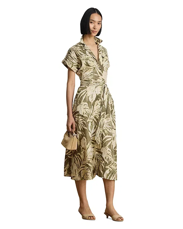 Женское платье-рубашка с принтом Palm Frond Print Linen Camp Shirtdress Ralph Lauren, Farm Olive