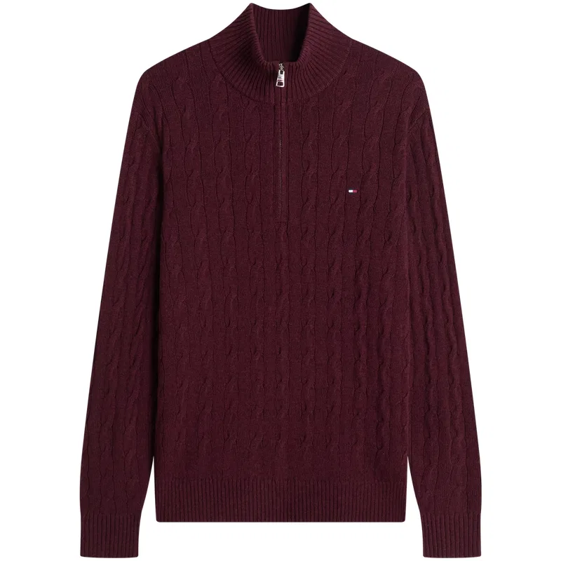 Мужской свитер с полузамком кабельной вязки Tommy Hilfiger, Dark Burgundy V98