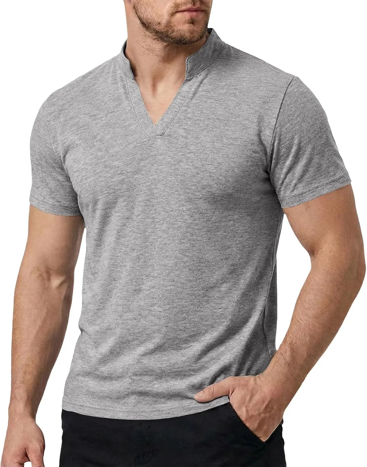 Мужская хлопковая футболка с V-образным вырезом Henley, Grey
