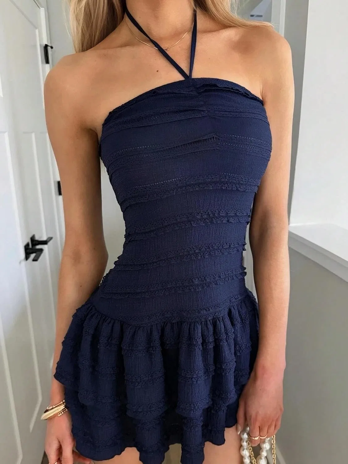 Женское летнее мини-платье с завязками на талии, Navy Blue — фото 3