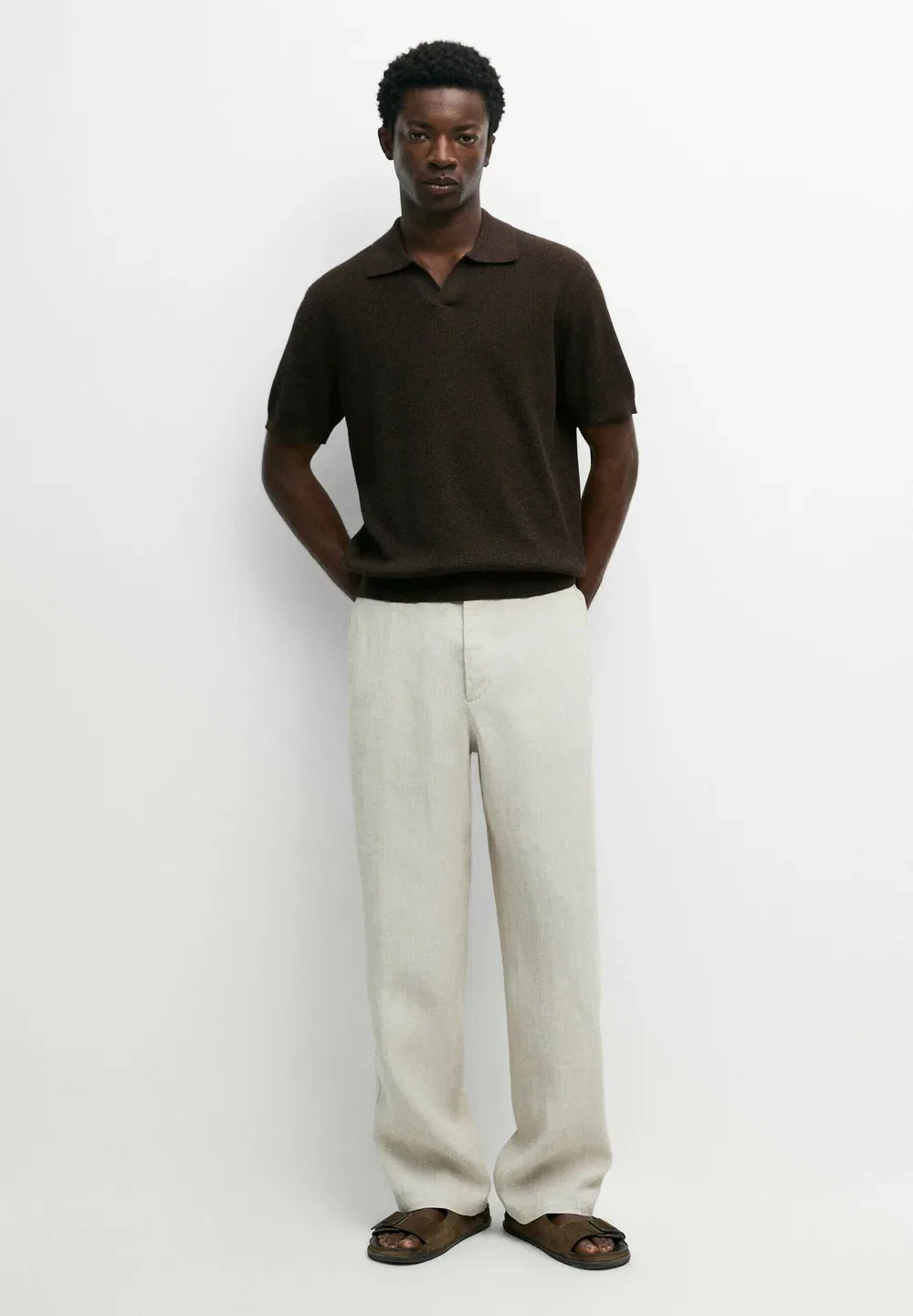 Вязаный поло-свитер из смесовой хлопковой ткани - рубашка поло Massimo Dutti, Dark Brown — фото 2