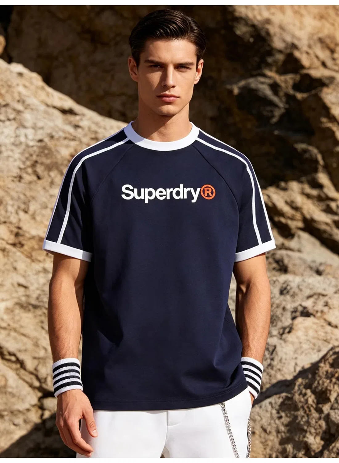 Superdry Футболка с принтом и полосами на плечах, синяя — фото 3
