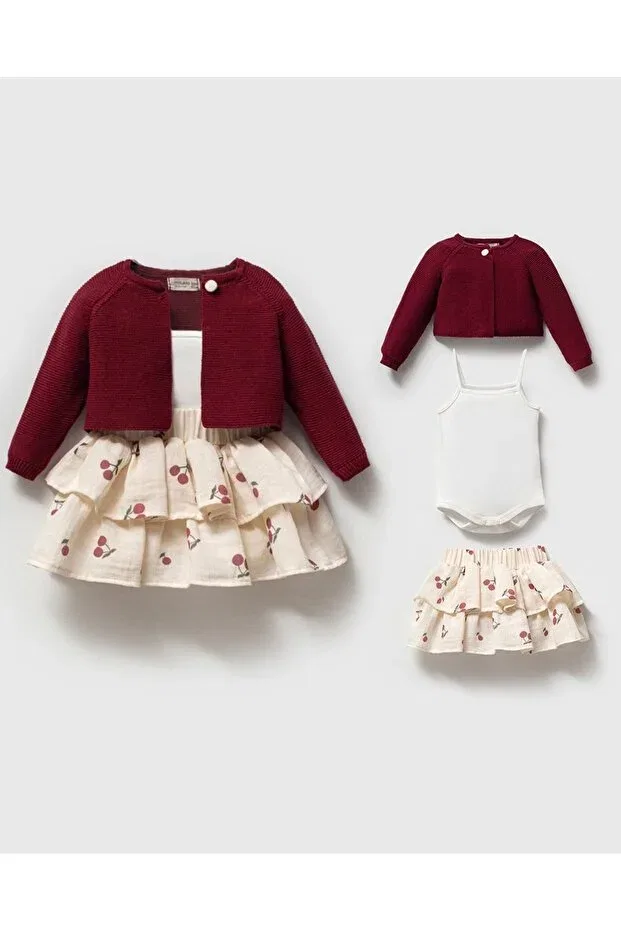 Детский комплект для девочек хлопковый Cherry on top bolero and muslin ruffle skirt Mert Baby, Burgundy — фото 4