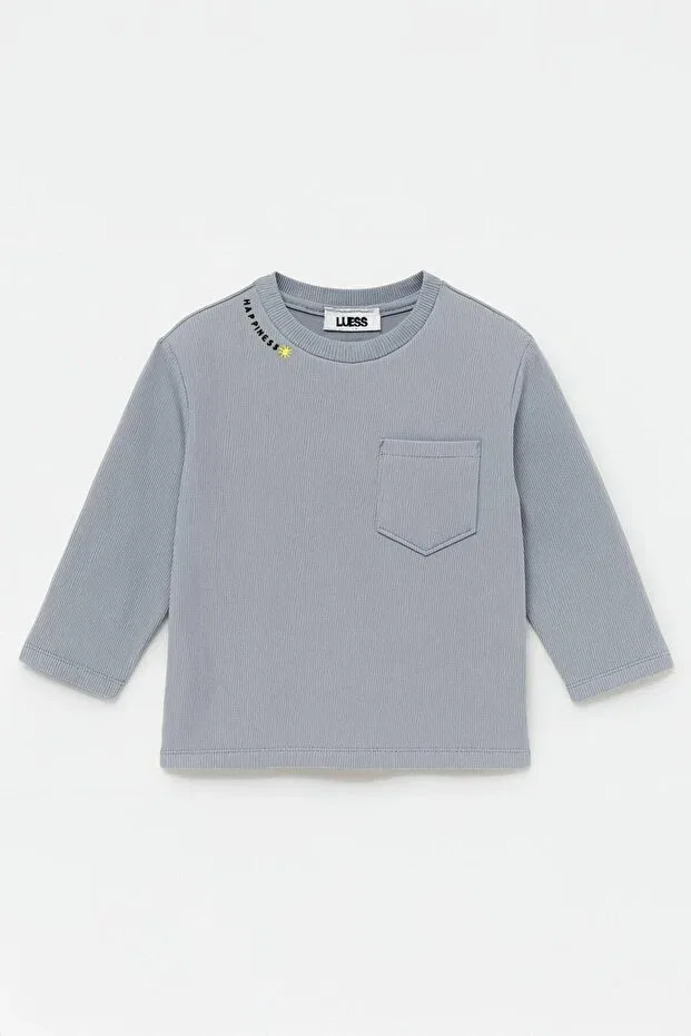 Детская футболка с рельефной печатью для мальчиков Unisex children's happiness embroidered pocket ribbed camisole t-shirt Luess, Light Blue — фото 2