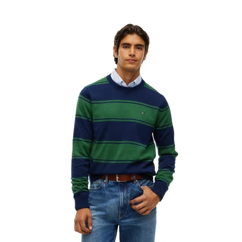 Мужской свитер с круглым вырезом Khaki Beige White Stripes Tommy Hilfiger, Khaki Beige White Stripes — фото 3