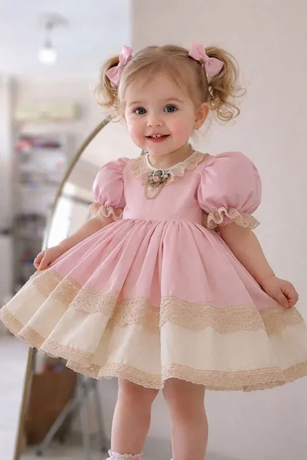 Детское платье для девочек с принтом Balloon sleeve vintage birthday dress Prenses Tasarım Atolyesi, Pink