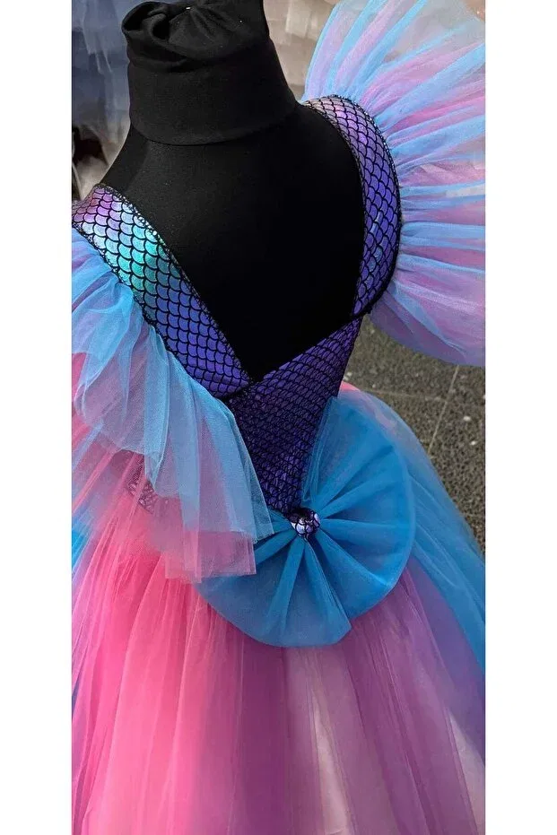 Детское платье для девочек с открытыми плечами Mermaid model long tulle evening dresses Tuha Kids Design, Pink Blue — фото 3