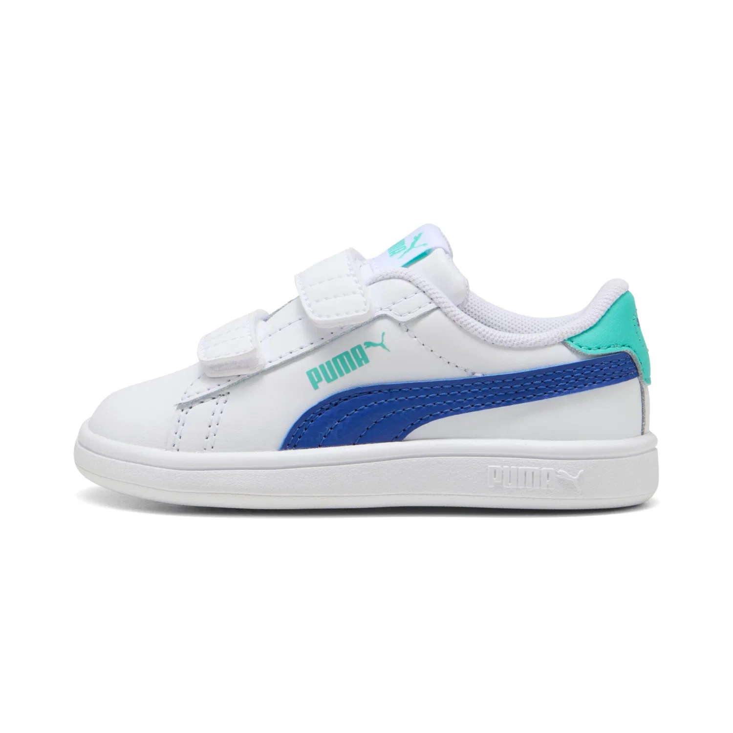 Детские кожаные кроссовки с липучкой PUMA White-Vivid Blue-Aquatic — фото 2