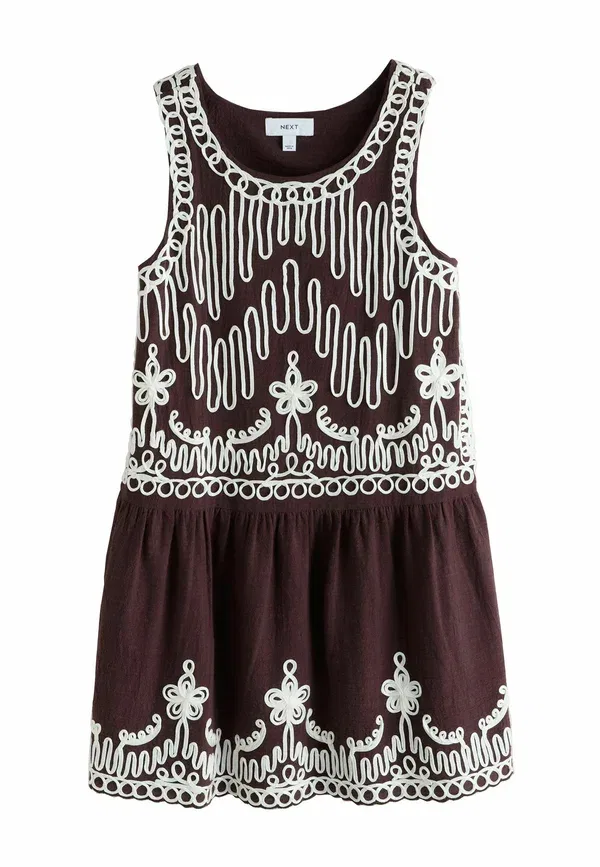 Платье мини хлопковое Regular fit - embroidered tapework mini dress, Next, chocolate brown, коричневый/шоколадный
