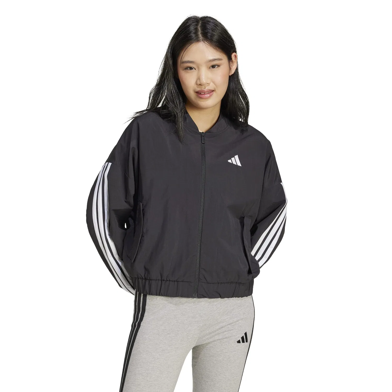 Женская куртка-бомбер с тремя полосками Essentials 3-Stripes Lifestyle WOVEN adidas, 2-Black/White — фото 3
