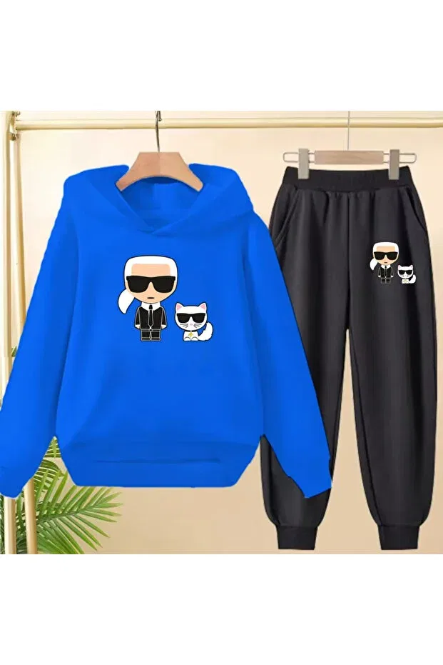 Детский комплект для девочек с принтом Iconic Karl Lagerfeld Printed Hooded Sweatshirt And Sweatpants Set Svart Wear, Navy Blue