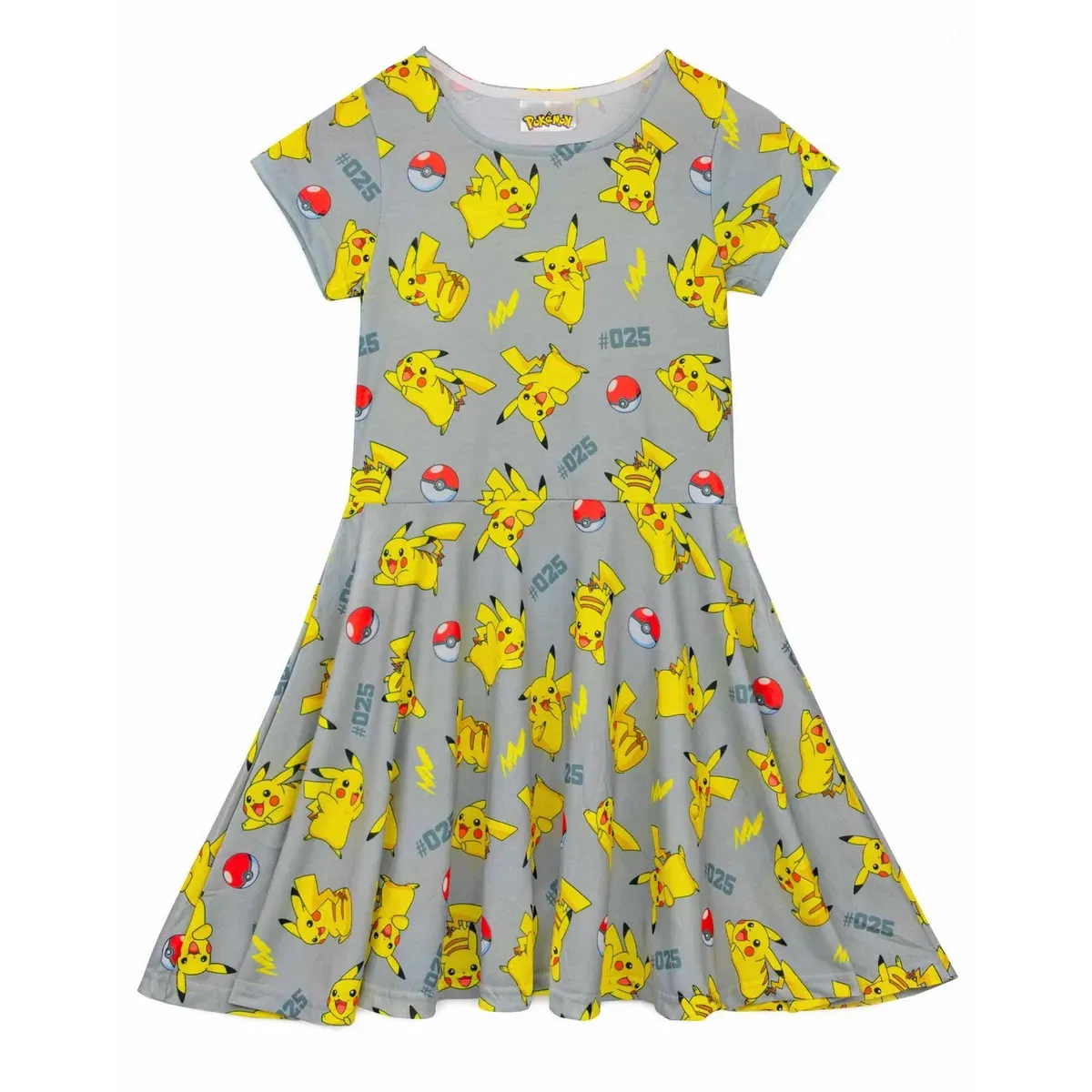Детское платье-трапеция для девочек с коротким рукавом Pikachu Pokemon, Grey