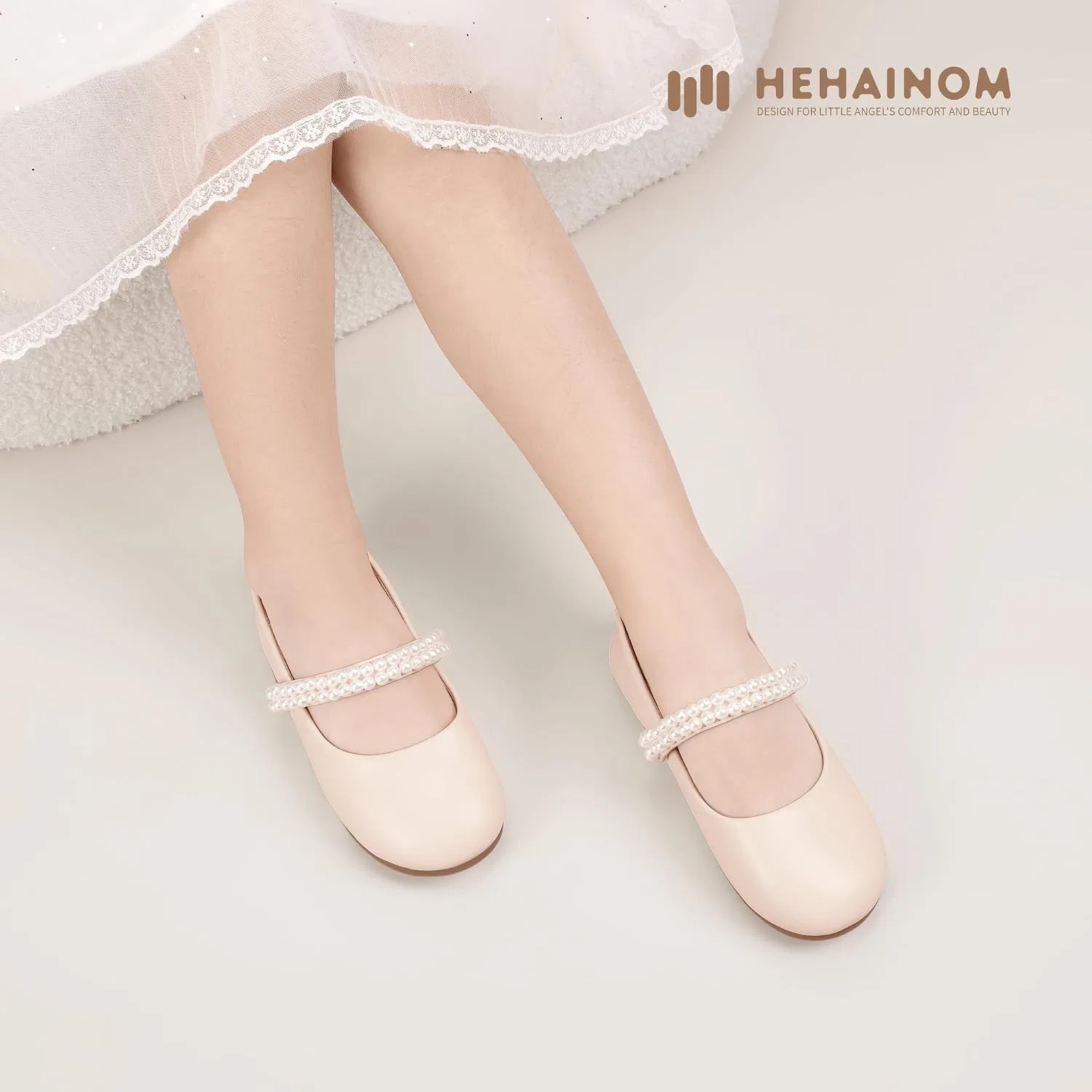 Детские балетки для девочек с цветочным принтом Hehainom, Beige — фото 3