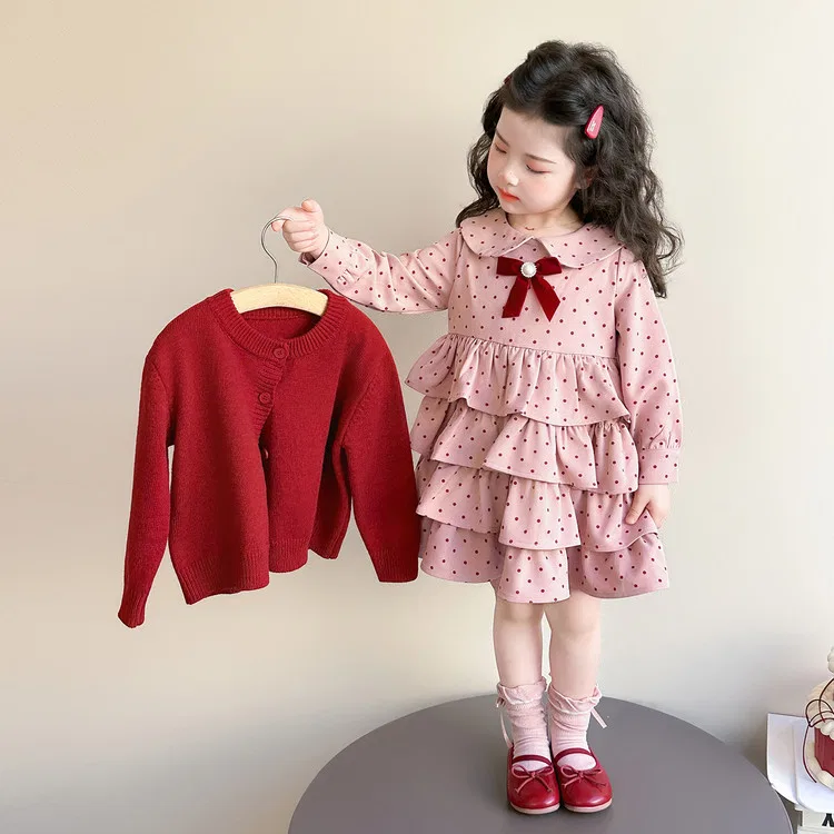 Детский комплект для девочек с юбкой-трапецией Lanza, Pink Tiered Skirt+Red Cardigan — фото 4