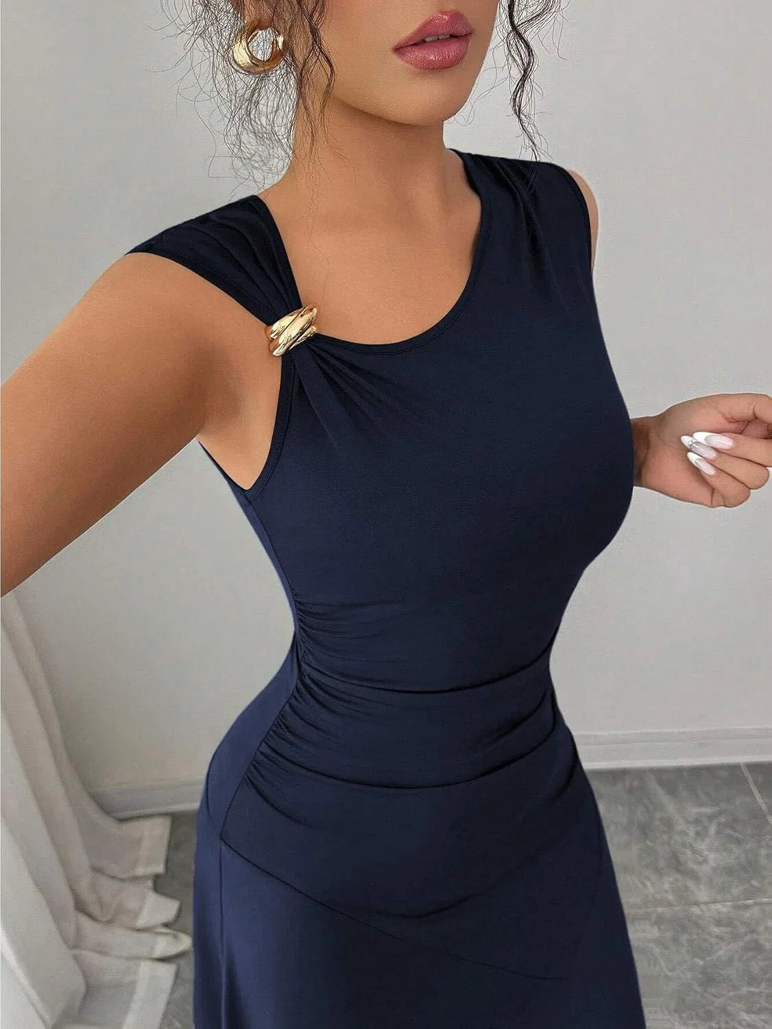 Женское повседневное платье миди с асимметричным вырезом, Royal Blue — фото 3
