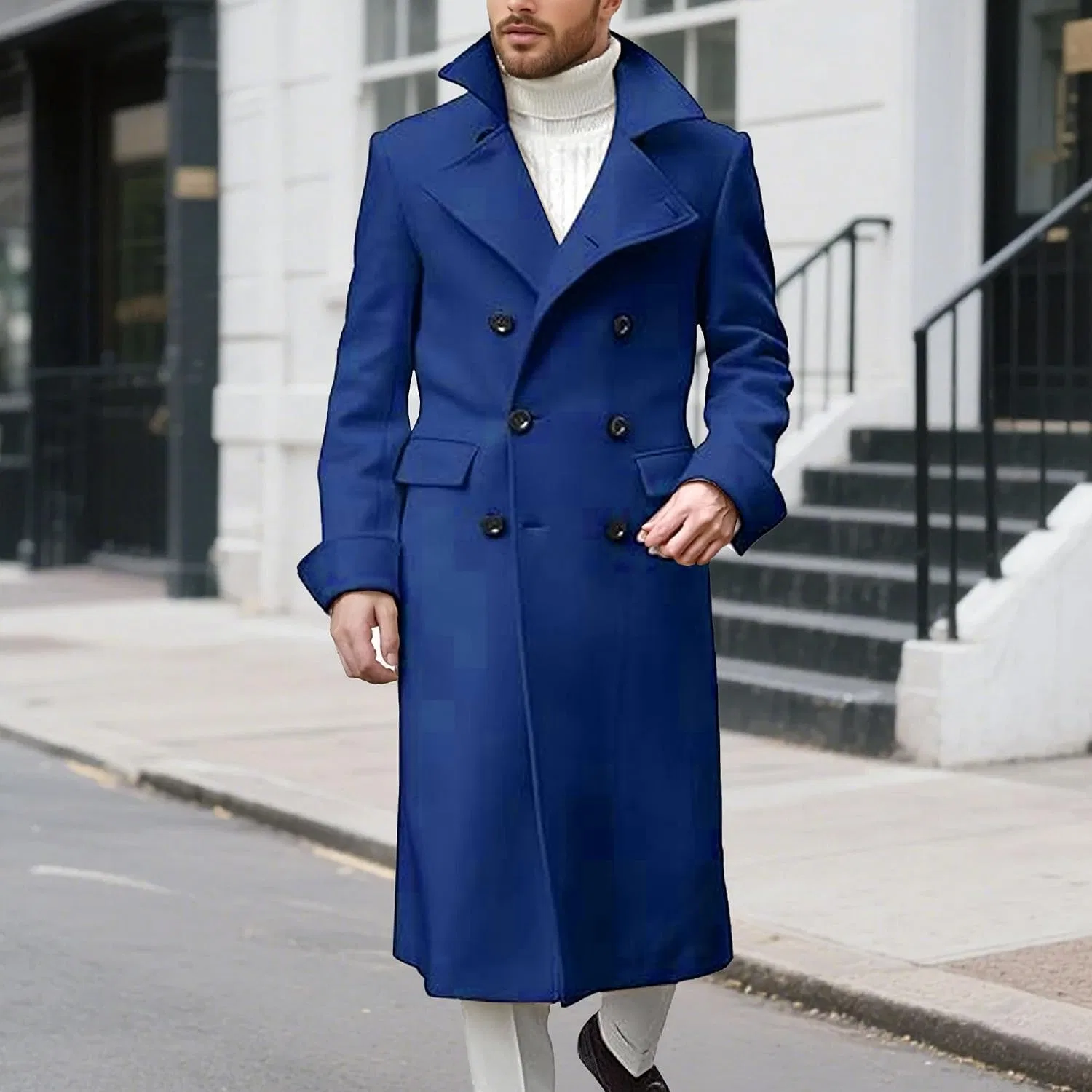 Мужское пальто-тренч с двубортной застежкой, Slim Fit, синий — фото 3
