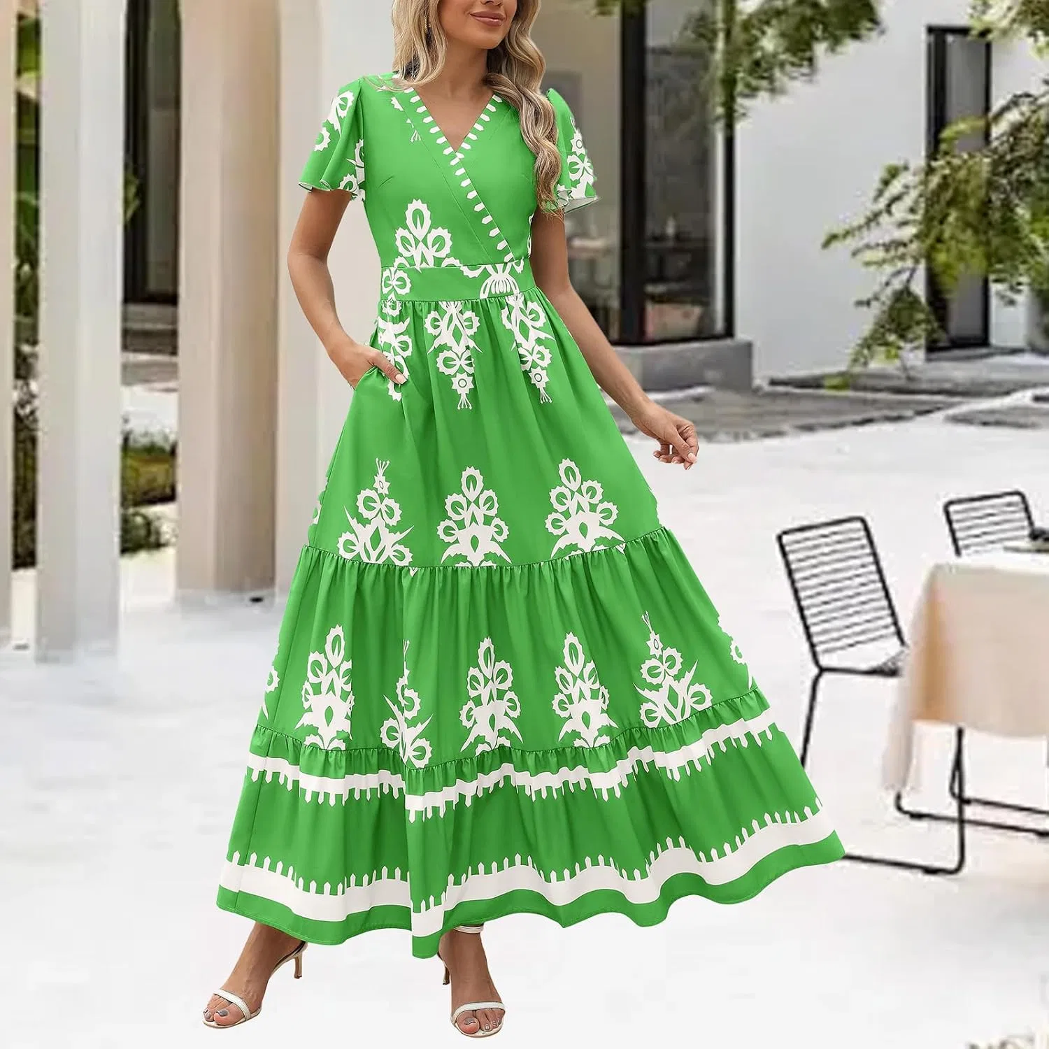Женское макси-платье с V-образным вырезом Flowy, Green — фото 2