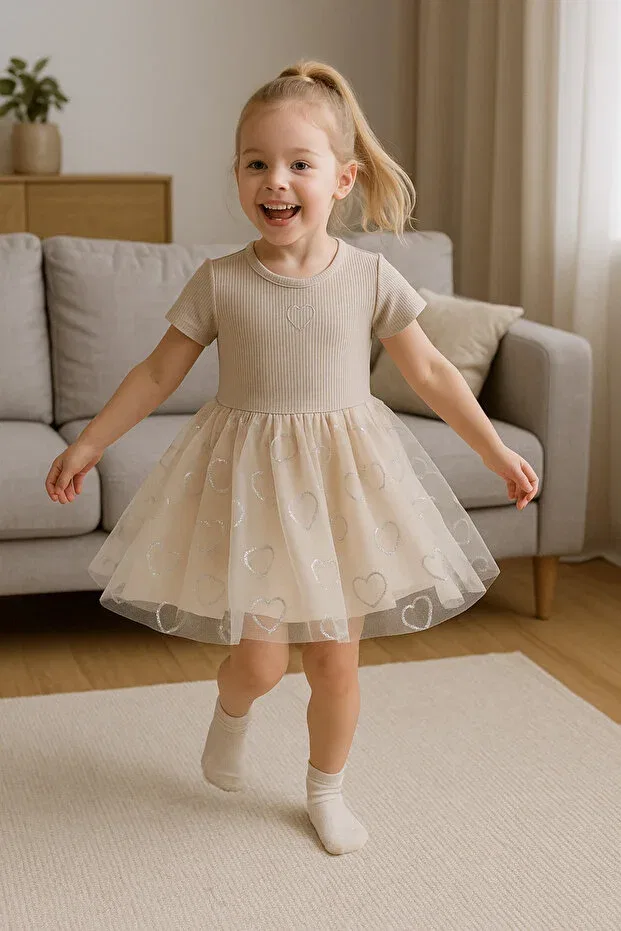 Детское платье для девочек с принтом Summer Glittery Heart Patterned Tutu Nimini Kids, Beige