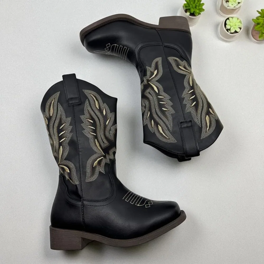 Детские сапоги для девочек с вышивкой Western Forever Link, Black/Beige — фото 3