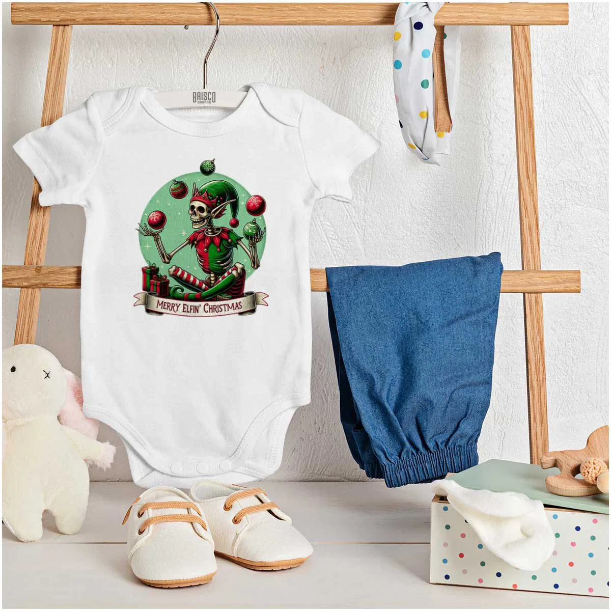 Детское боди-комбинезон с коротким рукавом Christmas Skeleton Juggling Elf Brisco Brands, White — фото 3