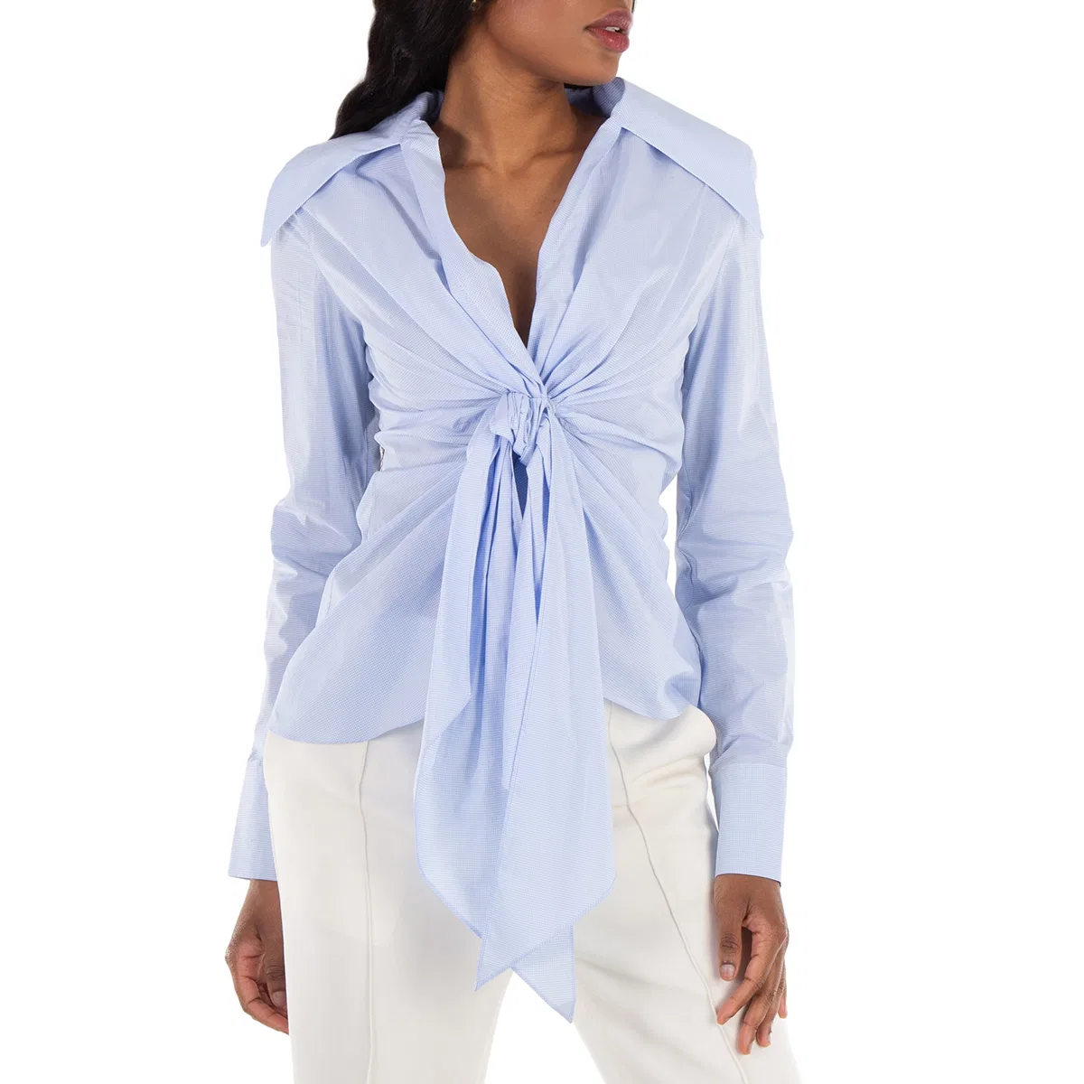 Рубашка из хлопка с принтом в клетку гингем Gingham-Check Pattern Cotton Shirt Balmain, Blue