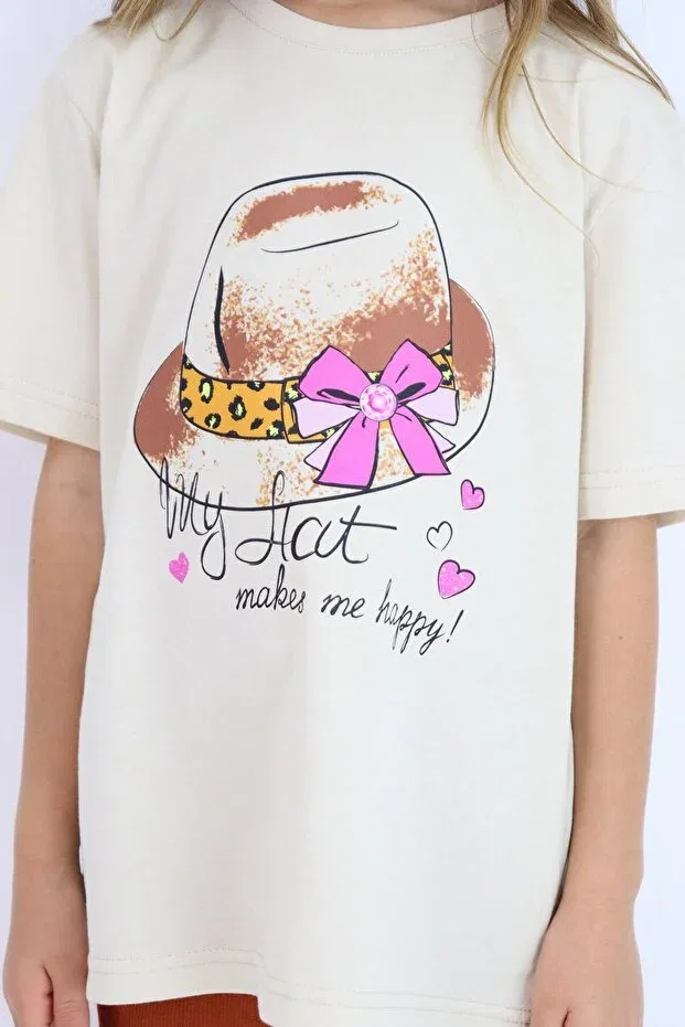Детская футболка для девочек с принтом Basic Printed Girl's T-Shirt 4-10 Years Miababy, Hardal — фото 3
