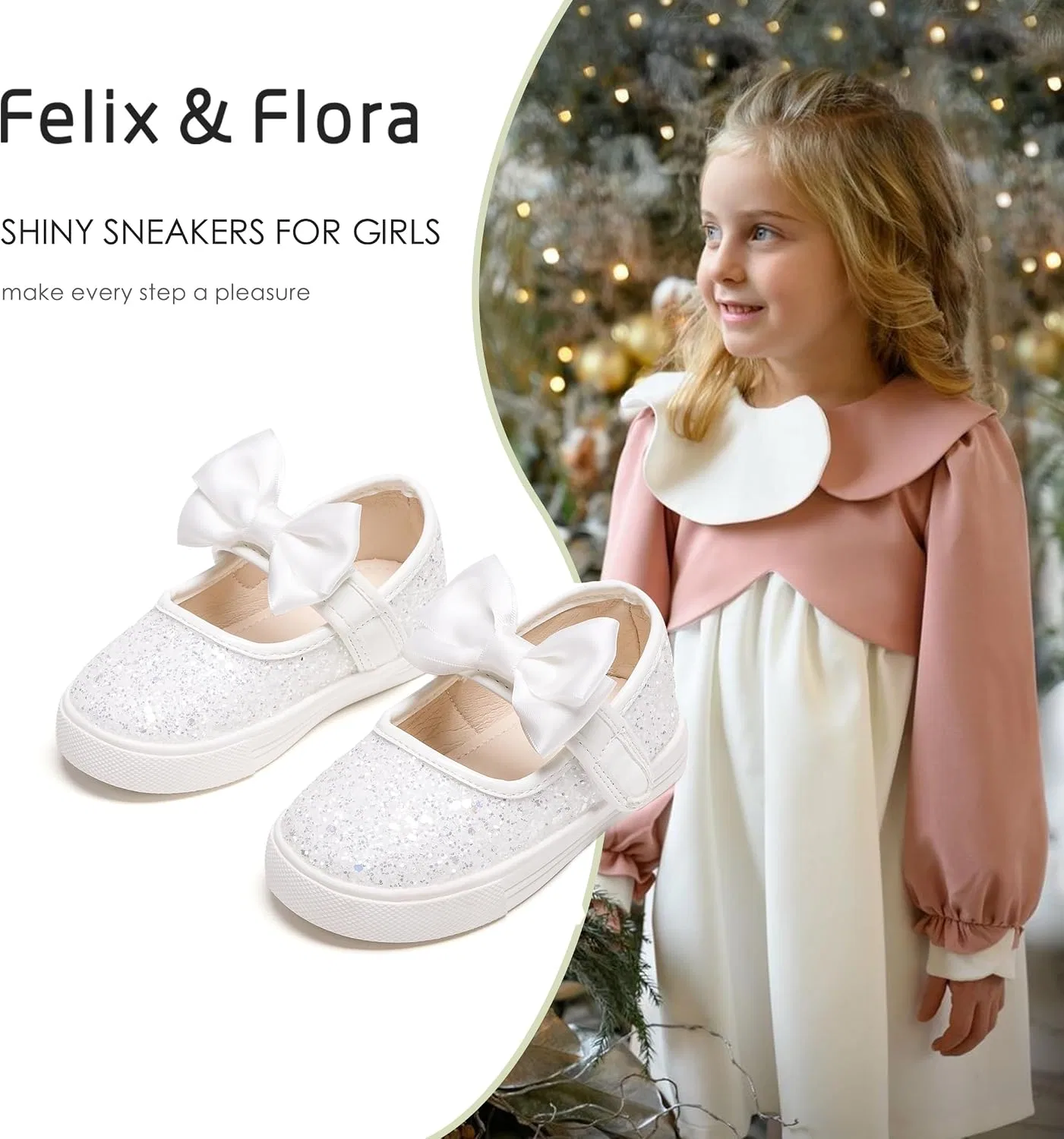 Детские кроссовки для девочек с блестками Felix & Flora, Glitter White — фото 3