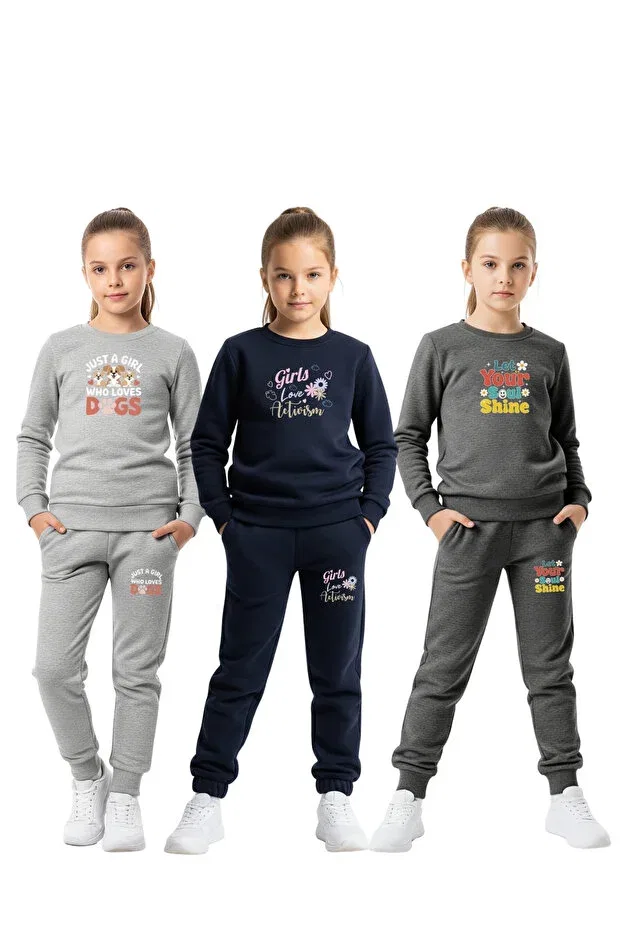 Детский комплект спортивного костюма для девочек с принтом Fyk Collection, Gray-Blue-Smoked