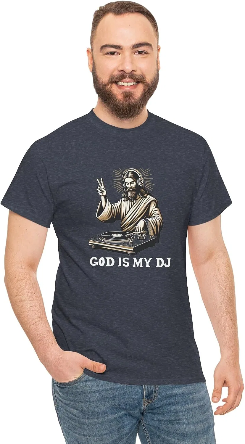 Мужская футболка с принтом God is My DJ, тёмно-синий меланж — фото 2